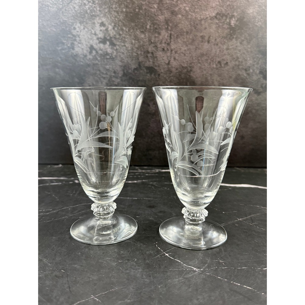 VTG PAIR (2) Cynthia Fostoria Leaf Berry Cut Crystal 10oz Footed Tumbler 5.5in